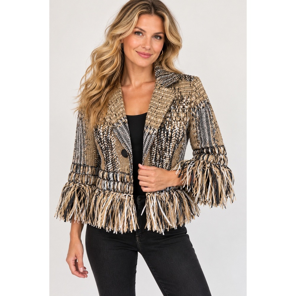 Worth New York Boho Size 8  Artsy Woven Fringe Textured Statement Jacket